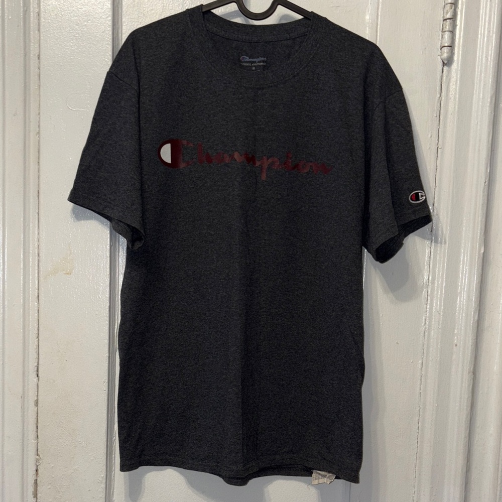 Champion Men's Dark Gray T-Shirt with Red Logo